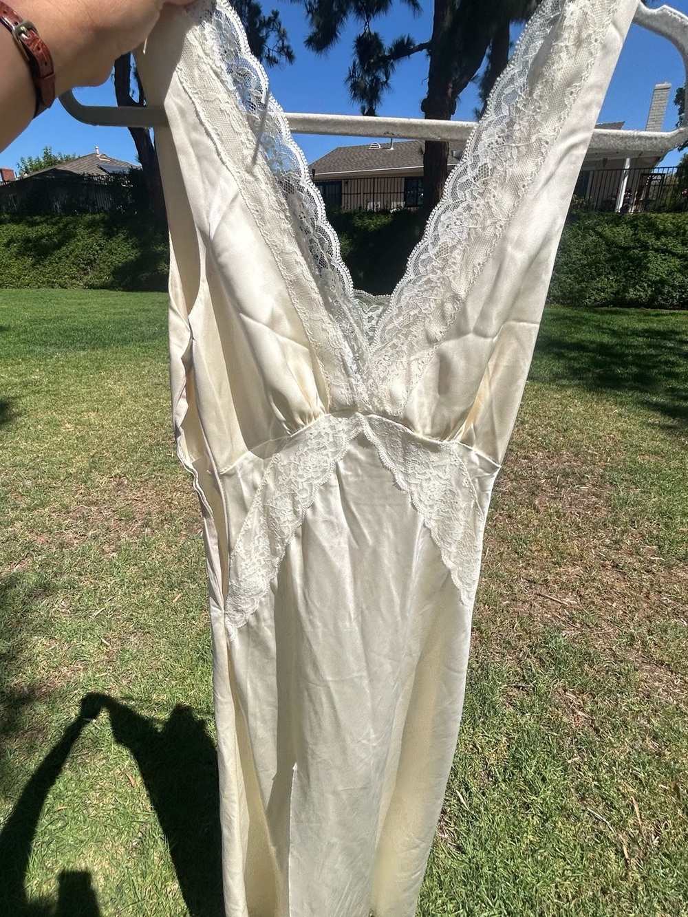 Soft Cream Slip Dress with Lace  Trim by BAGONE. Zipper needs repair.